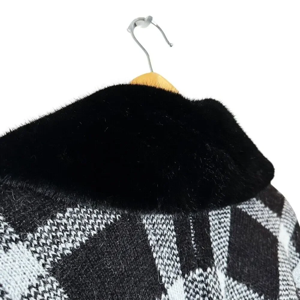 Soft Surroundings Black and Gray Plaid Faux Fur Trim Poncho